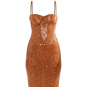 PrettyLittleThing Brown Sequin Strappy Corset Detail Maxi Dress